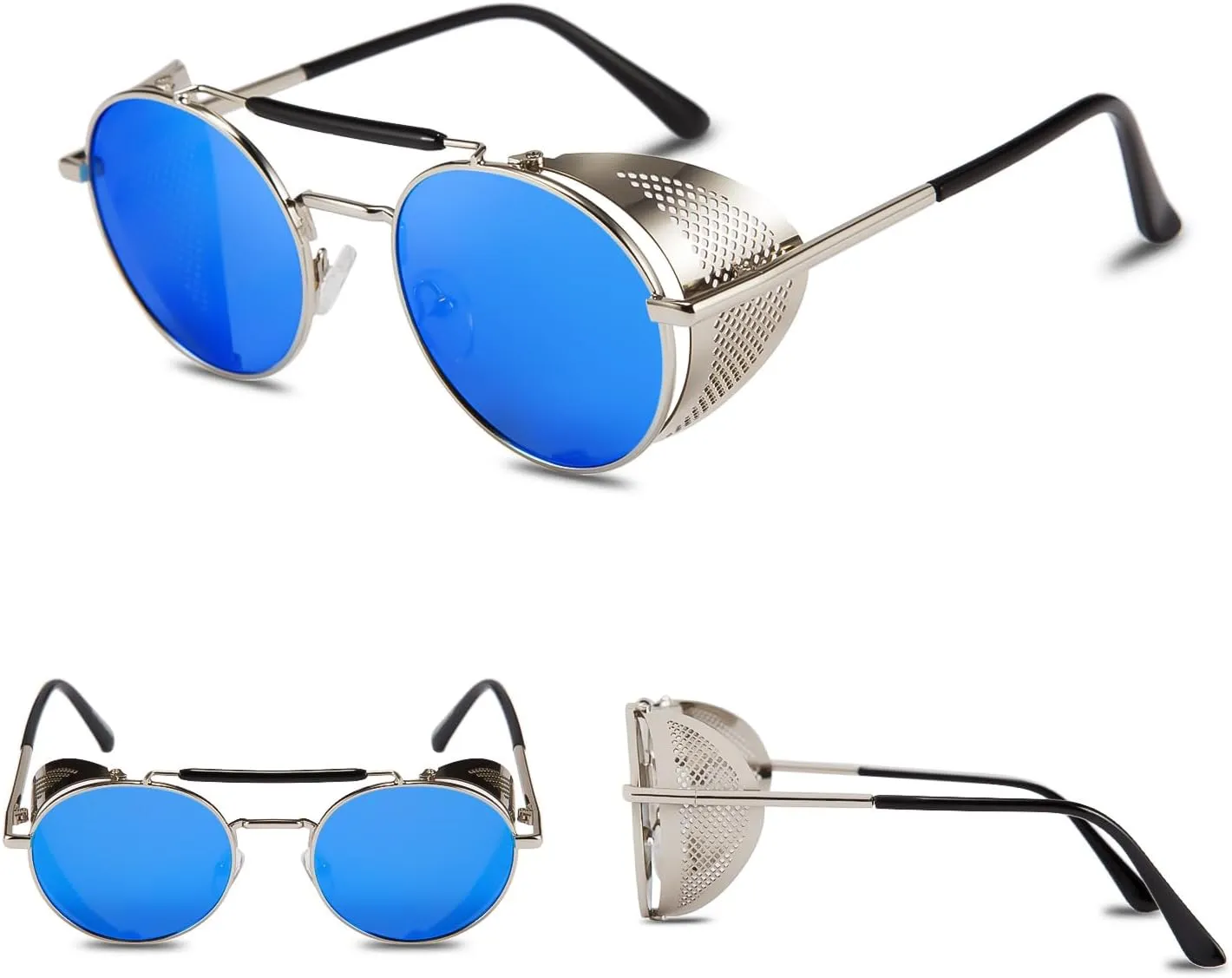 FEISEDY Steam Punk Sunglasses for Men Women Side Shield Round Steampunk Vintage Glasses Shades B2518