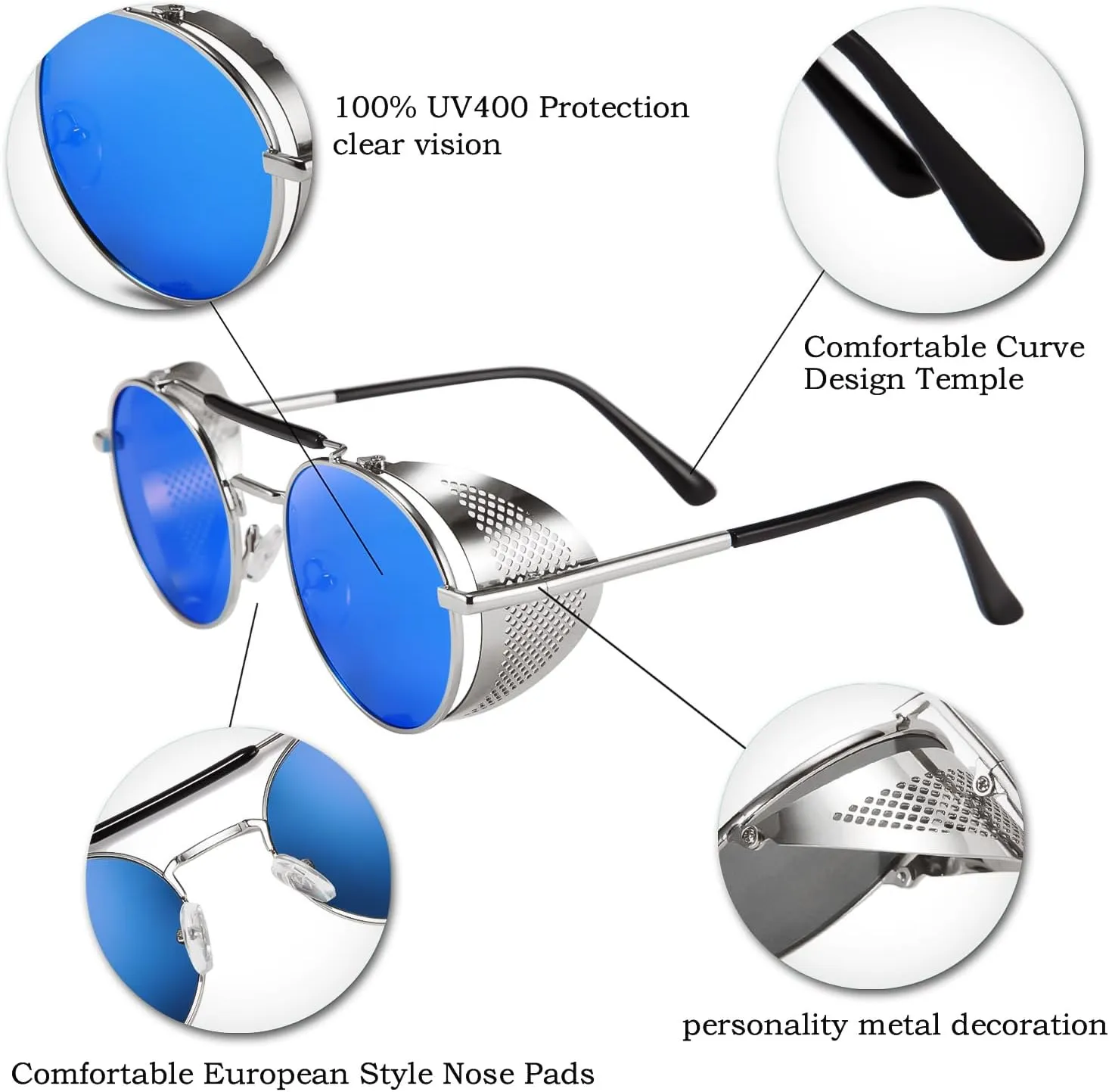 FEISEDY Steam Punk Sunglasses for Men Women Side Shield Round Steampunk Vintage Glasses Shades B2518