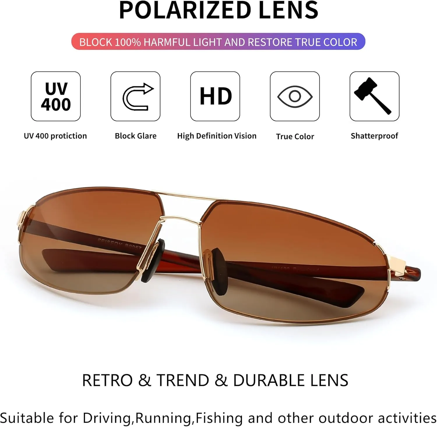 FEISEDY Vintage Sunglasses Men Polarized, Aviator Metal Frame Lightweight, Driving Fishing Running B0057