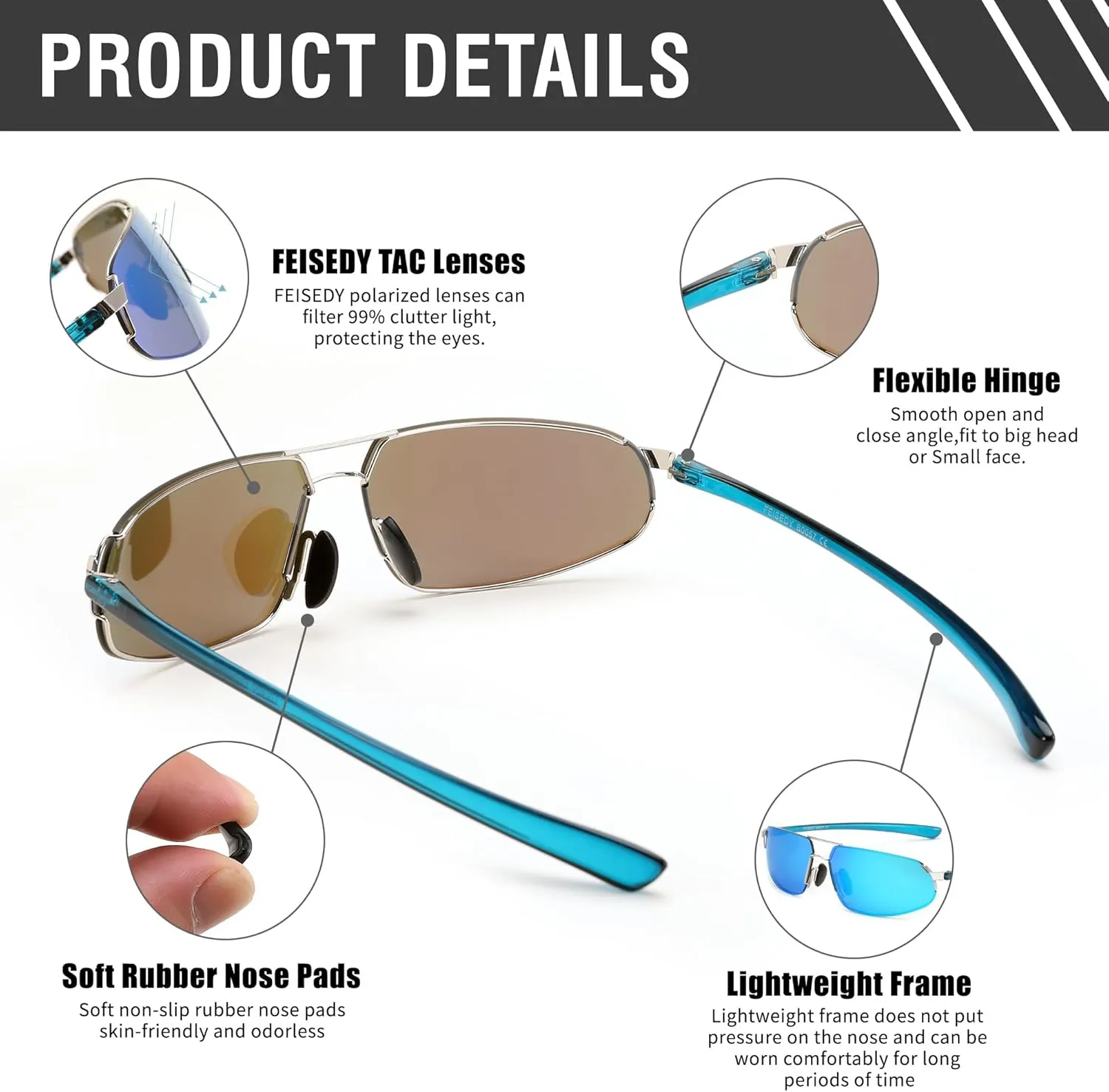 FEISEDY Vintage Sunglasses Men Polarized, Aviator Metal Frame Lightweight, Driving Fishing Running B0057