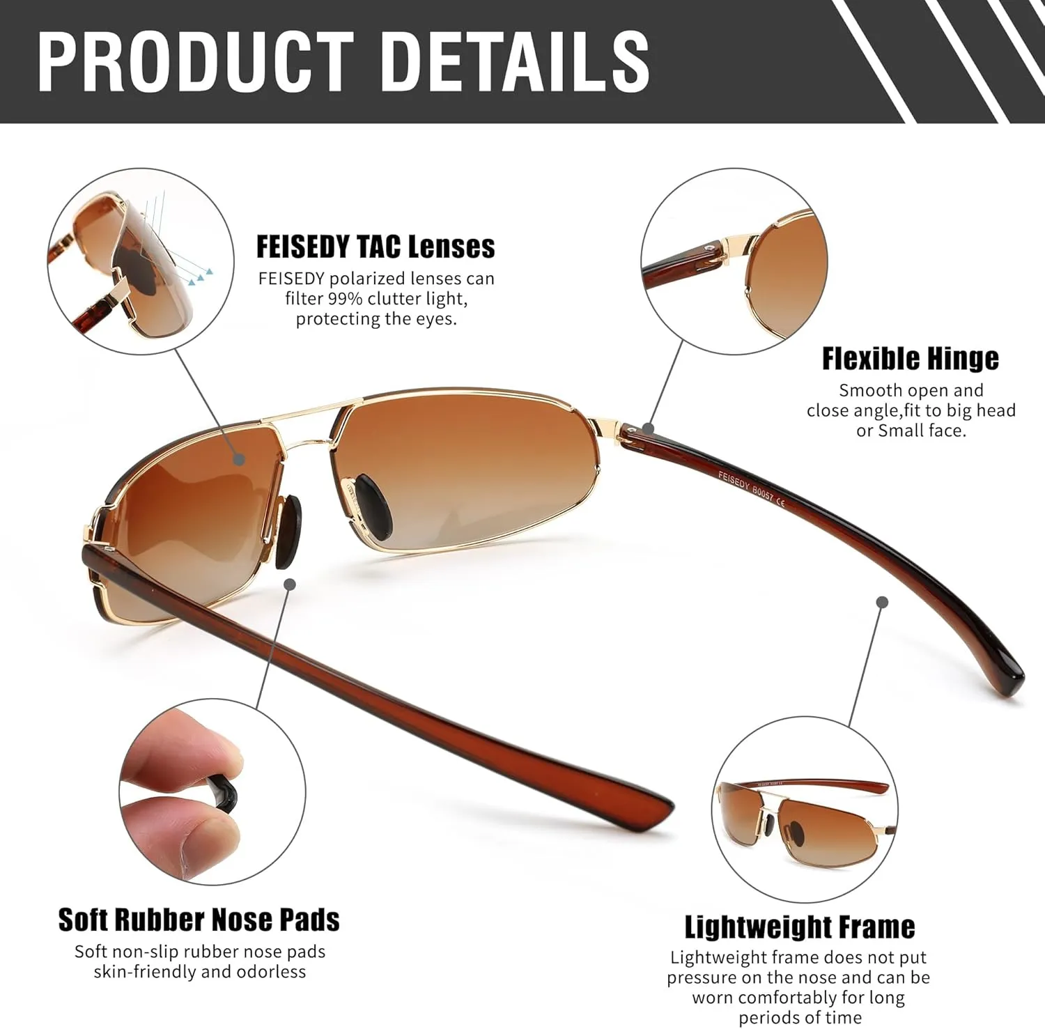 FEISEDY Vintage Sunglasses Men Polarized, Aviator Metal Frame Lightweight, Driving Fishing Running B0057