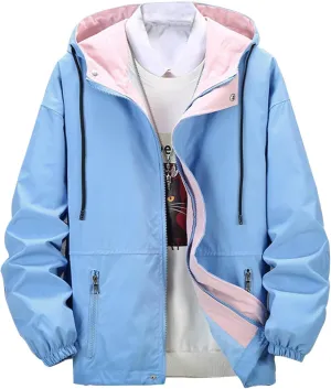 Finelylove Mens Jacket with Hood,Water Resistant Windbreaker Jackets Outdoor Patchwork Hooded Spring/Fall Jacket Fashion