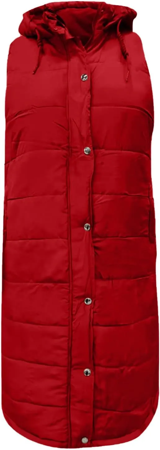 Firzero Women's Long Puffer Vest Sleeveless Lightweight Puffer Jacket Hooded Down Coat 2024 Fall Winter Quilted Vest