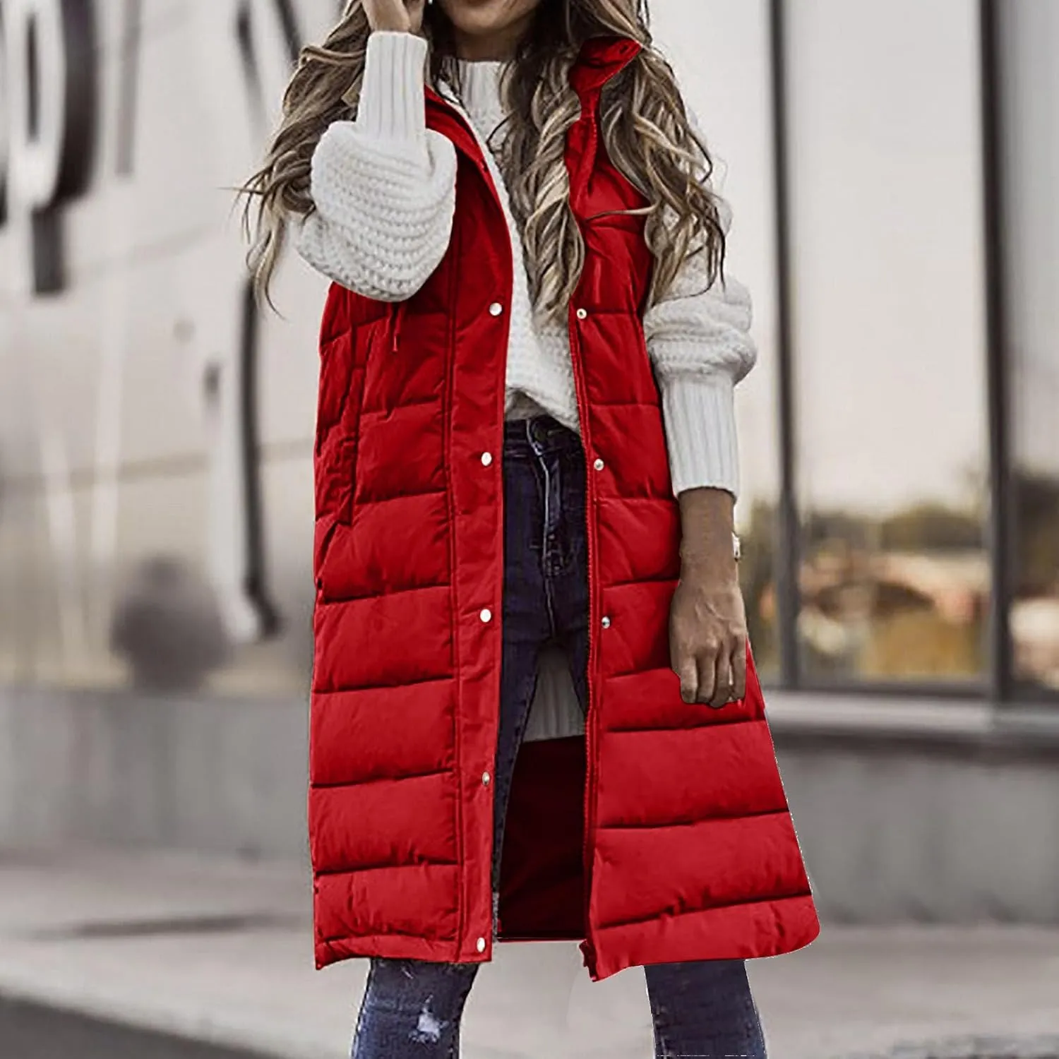 Firzero Women's Long Puffer Vest Sleeveless Lightweight Puffer Jacket Hooded Down Coat 2024 Fall Winter Quilted Vest