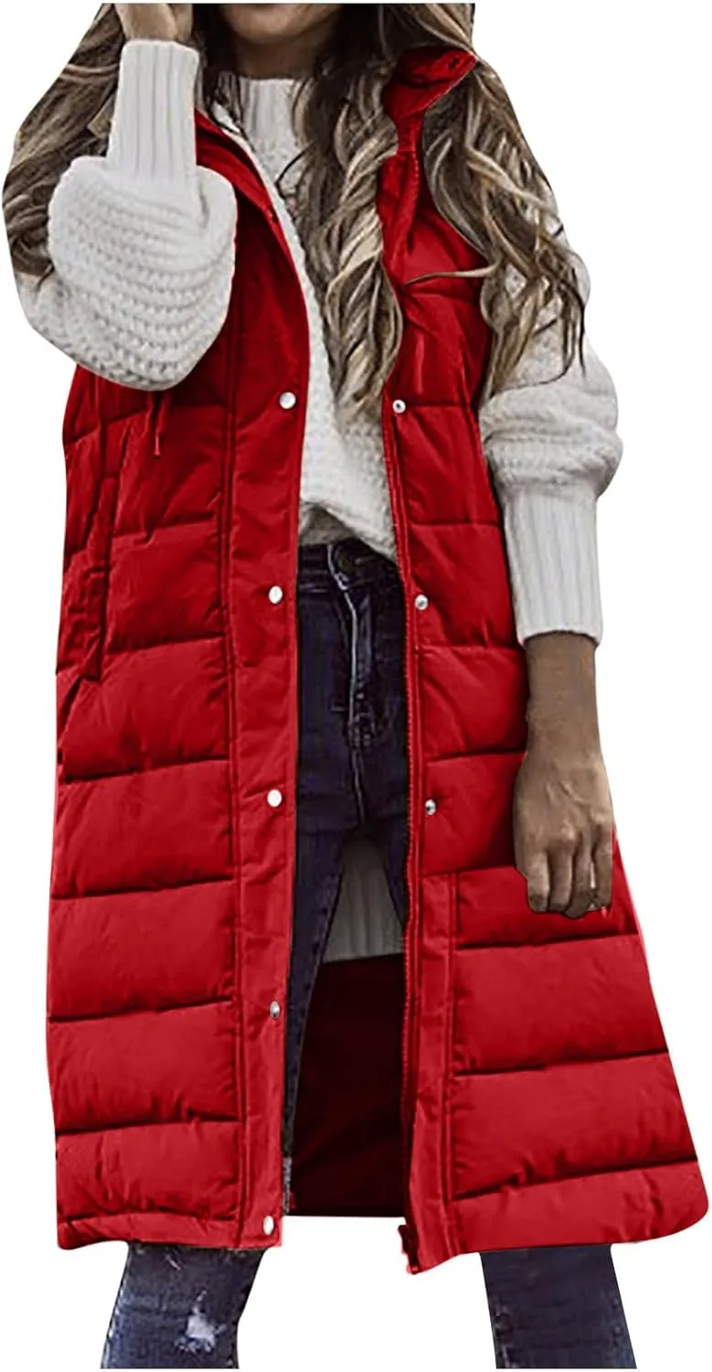 Firzero Women's Long Puffer Vest Sleeveless Lightweight Puffer Jacket Hooded Down Coat 2024 Fall Winter Quilted Vest