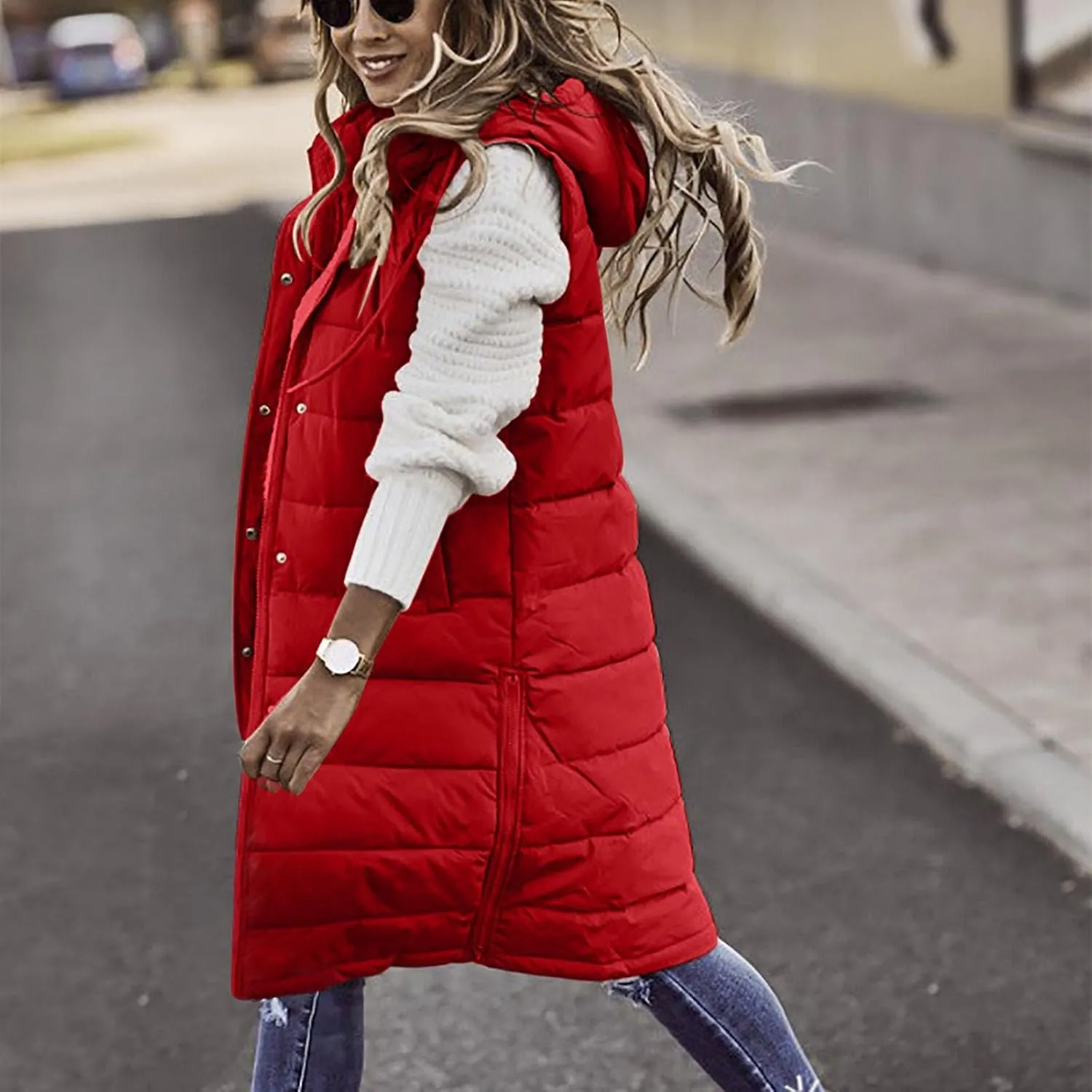 Firzero Women's Long Puffer Vest Sleeveless Lightweight Puffer Jacket Hooded Down Coat 2024 Fall Winter Quilted Vest