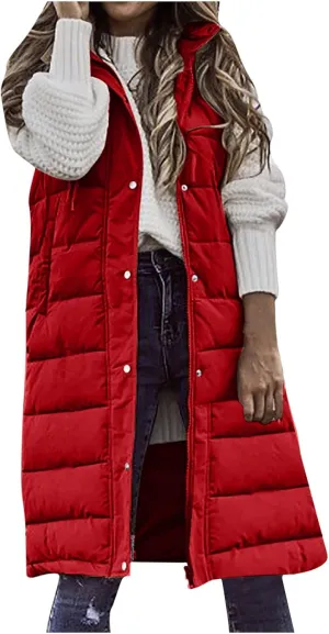 Firzero Women's Long Puffer Vest Sleeveless Lightweight Puffer Jacket Hooded Down Coat 2024 Fall Winter Quilted Vest