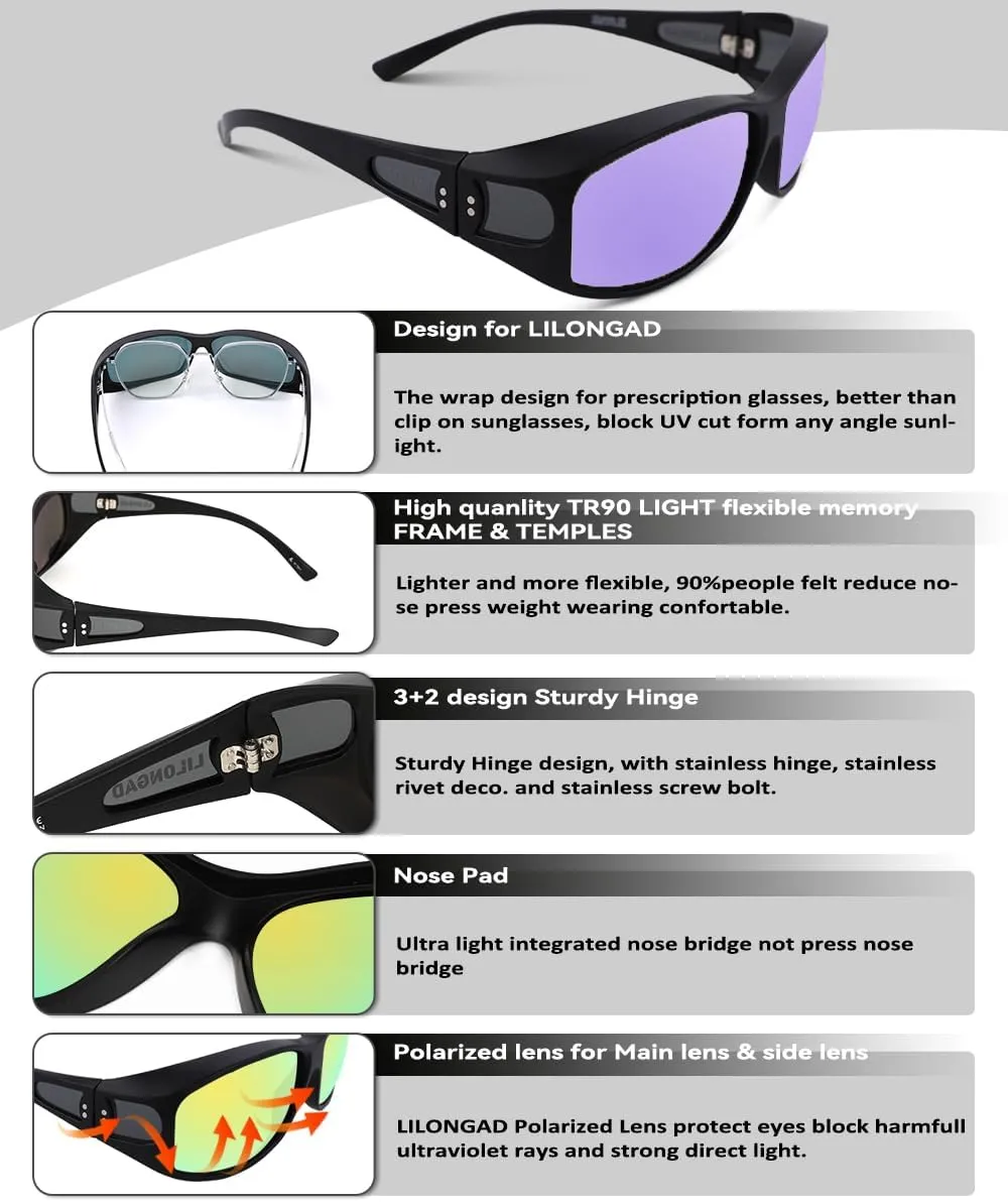 Fit Over Glasses Sunglasses for Men Women,Wrap Around Sunglasses Polarized UV400 Protection Rectangle Sun Glasses