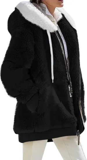 Fleece Jacket Women Plus Size Fuzzy Zip Up Sherpa Jacket Oversized Hooded Winter Coat Outerwear with Pockets
