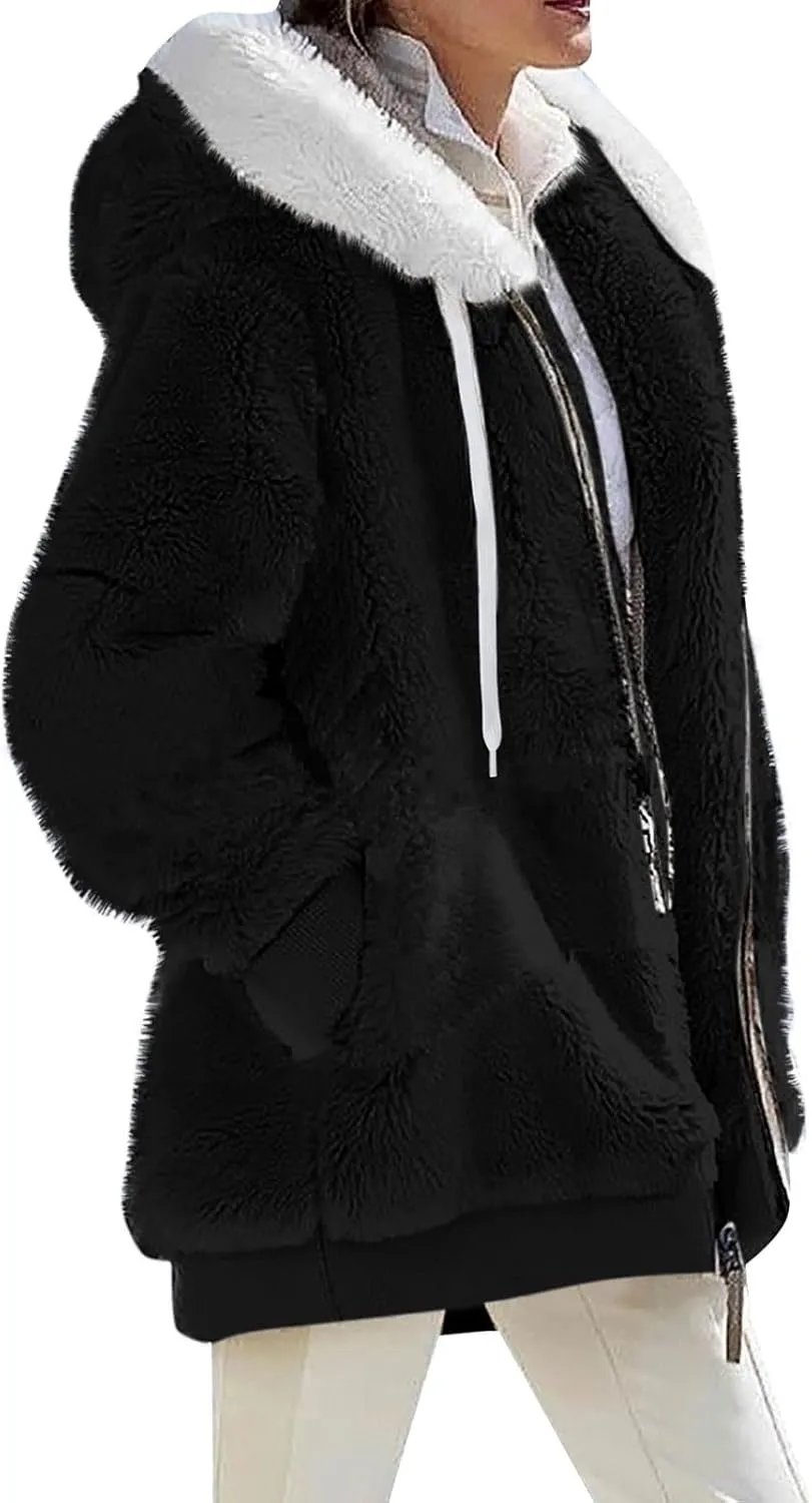 Fleece Jacket Women Plus Size Fuzzy Zip Up Sherpa Jacket Oversized Hooded Winter Coat Outerwear with Pockets