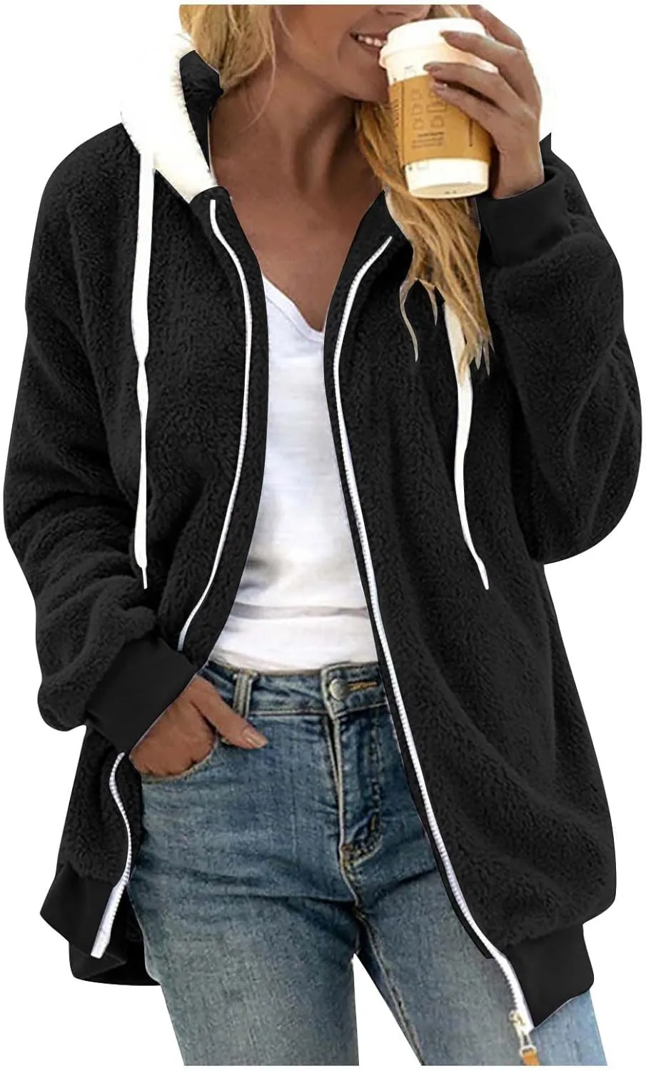 Fleece Jacket Women Plus Size Fuzzy Zip Up Sherpa Jacket Oversized Hooded Winter Coat Outerwear with Pockets