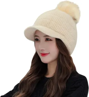 Fleece Lined Beanie Hats with Visor Brim Winter Knit Ski Cap Women Pom Pom Ball