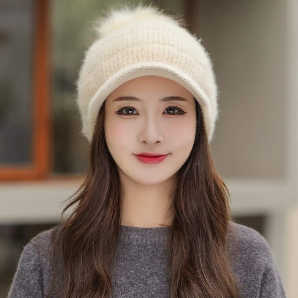 Fleece Lined Beanie Hats with Visor Brim Winter Knit Ski Cap Women Pom Pom Ball