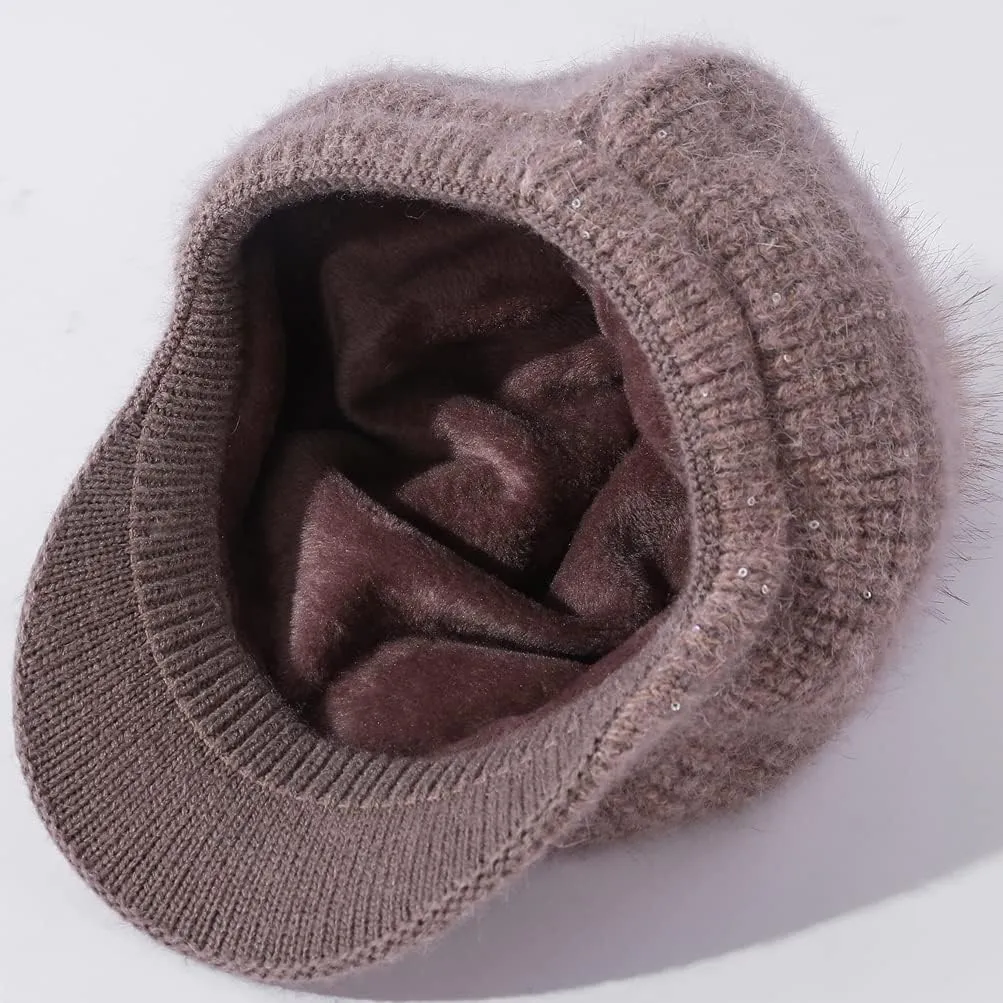 Fleece Lined Beanie Hats with Visor Brim Winter Knit Ski Cap Women Pom Pom Ball