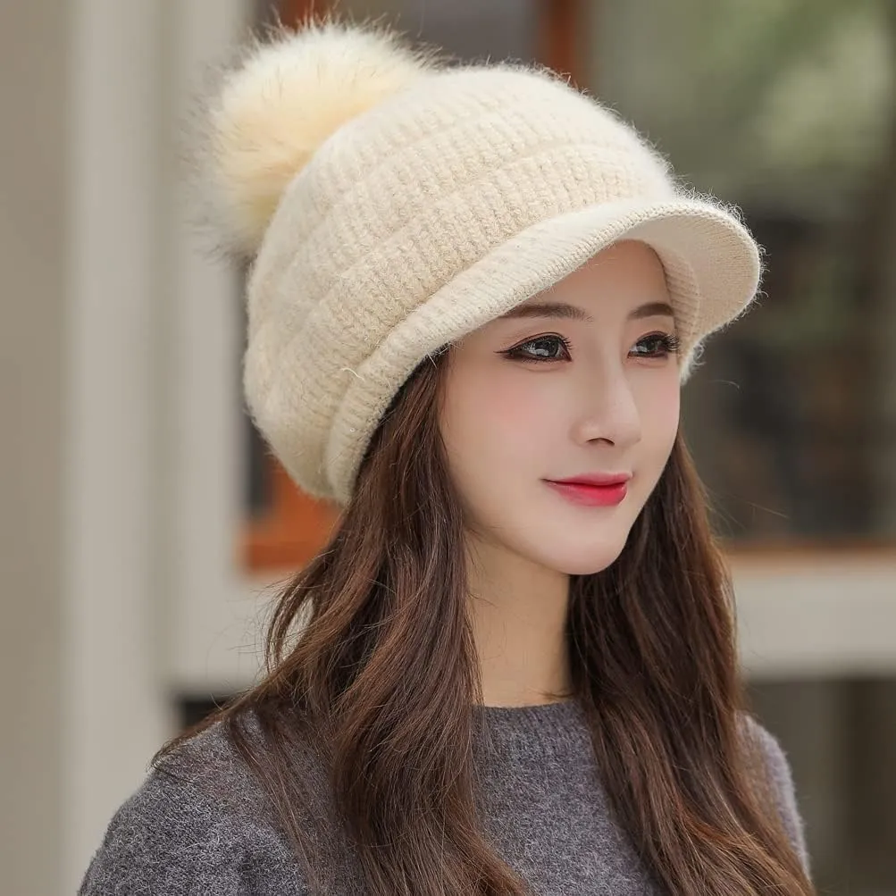 Fleece Lined Beanie Hats with Visor Brim Winter Knit Ski Cap Women Pom Pom Ball