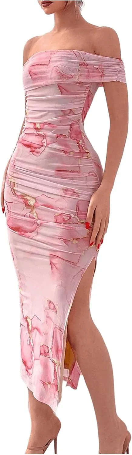 Floerns Women's Floral Print Off Shoulder Short Sleeve Ruched Bodycon Long Dress