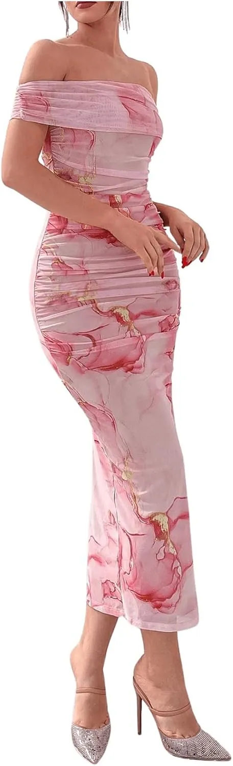 Floerns Women's Floral Print Off Shoulder Short Sleeve Ruched Bodycon Long Dress