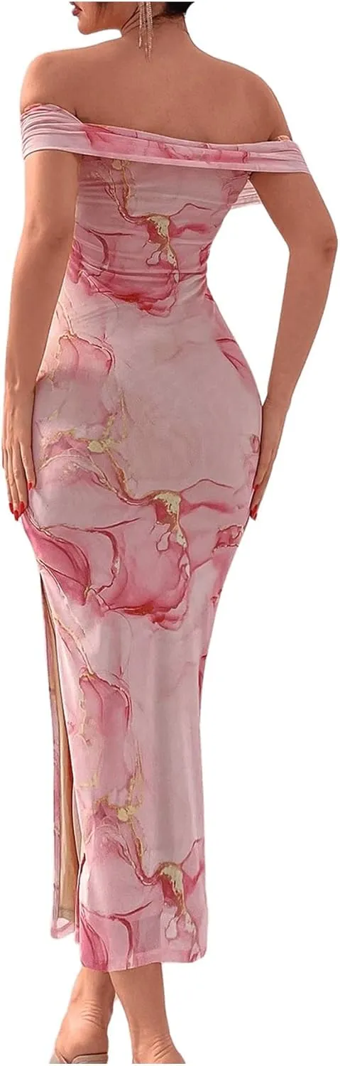 Floerns Women's Floral Print Off Shoulder Short Sleeve Ruched Bodycon Long Dress