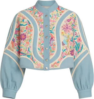 Floral Embroidered Cropped Jacket, Light Blue, Balloon Sleeves, Button Front