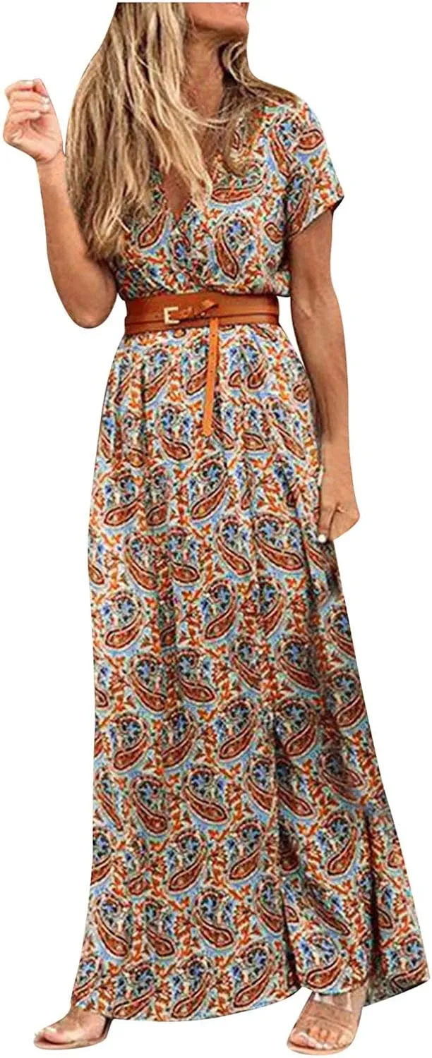 Floral Long Dress Sleeveless Split Hem Drawstring Casual Dress with belt Cold Shoulder Women Pattern Print Slim Shift Dress Brown