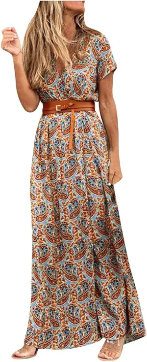 Floral Long Dress Sleeveless Split Hem Drawstring Casual Dress with belt Cold Shoulder Women Pattern Print Slim Shift Dress Brown