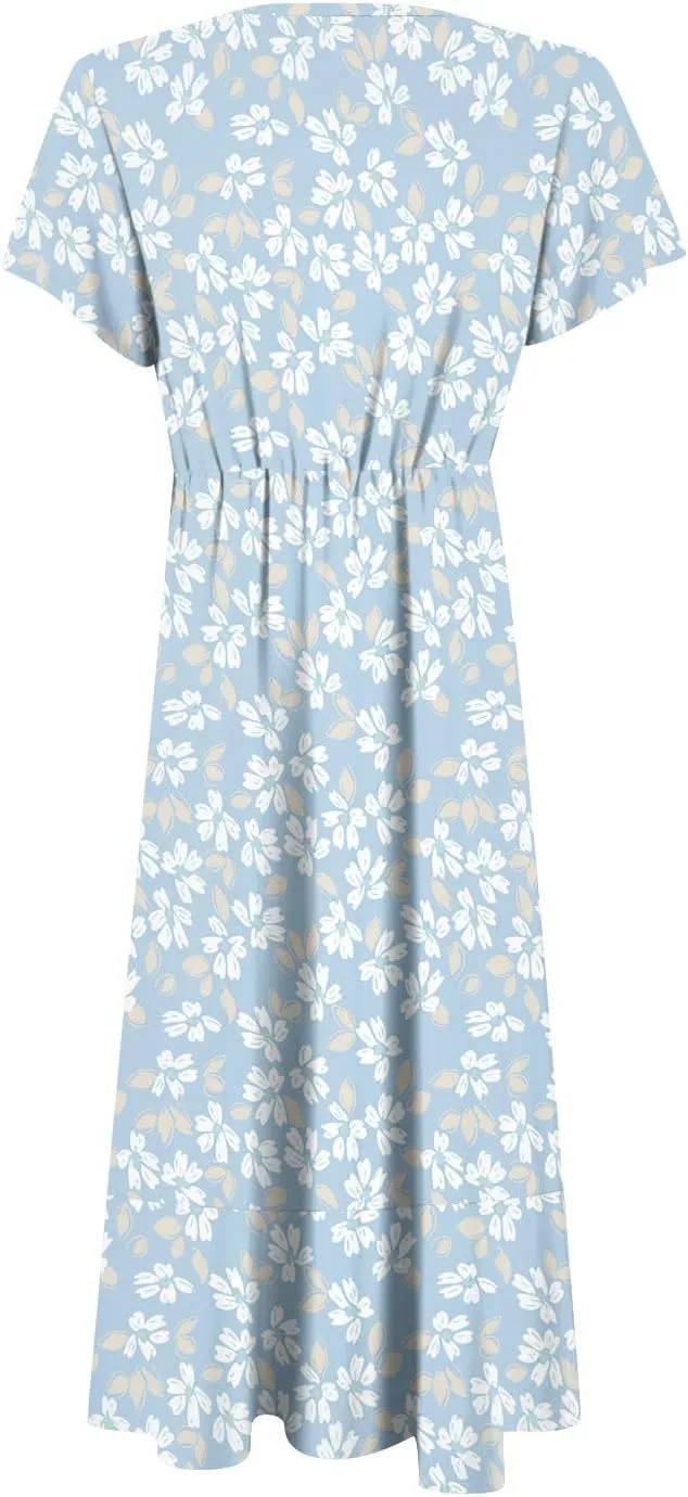 Floral Wrap Dresses for Women 2025 Elegant Classy Summer Sexy Flowy Deep V Neck Tie Waist Midi Dress Ruffle Hem