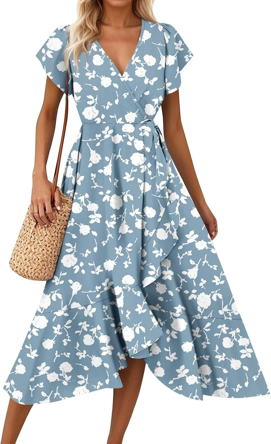 Floral Wrap Dresses for Women 2025 Elegant Classy Summer Sexy Flowy Deep V Neck Tie Waist Midi Dress Ruffle Hem