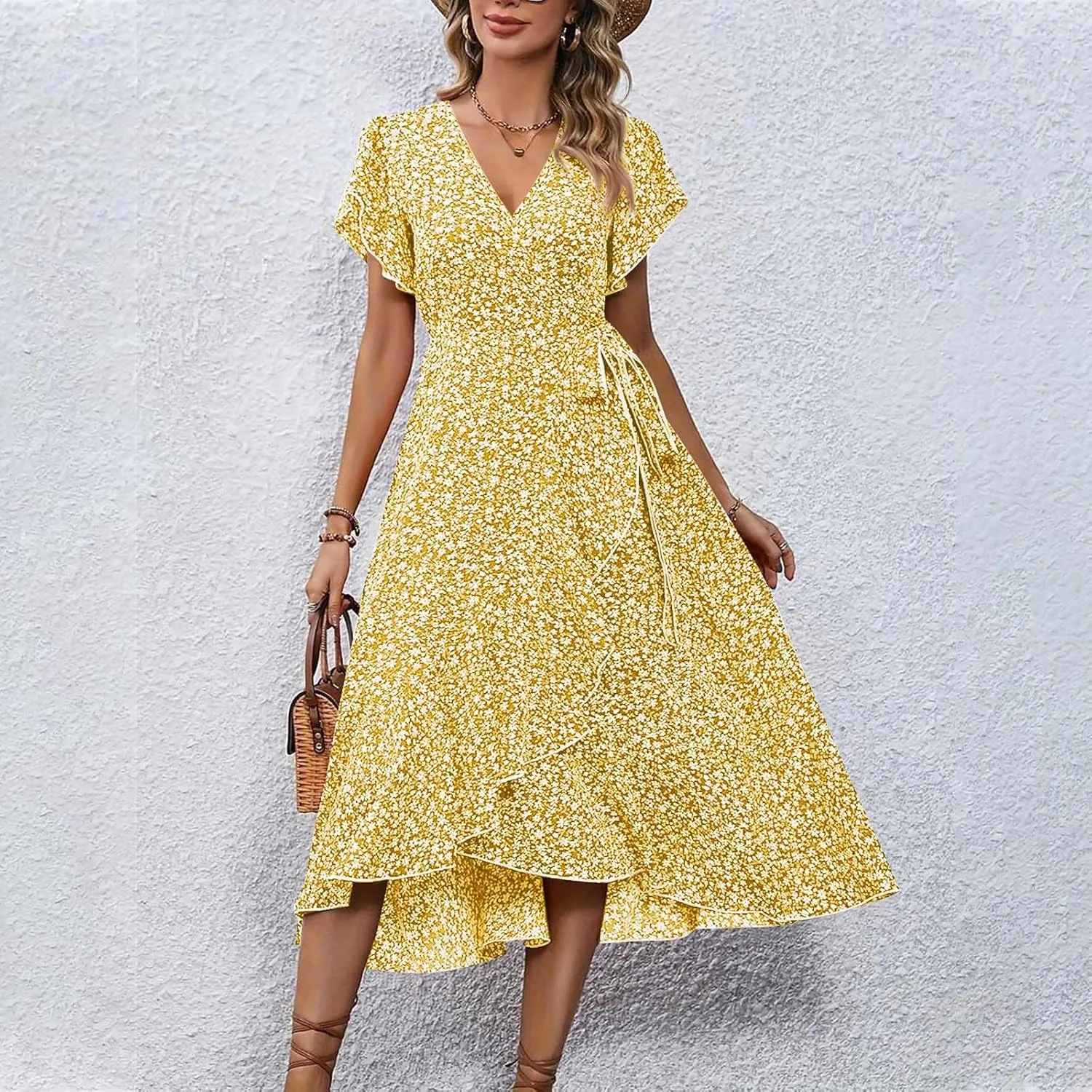 Floral Wrap Dresses for Women 2025 Elegant Classy Summer Sexy Flowy Deep V Neck Tie Waist Midi Dress Ruffle Hem
