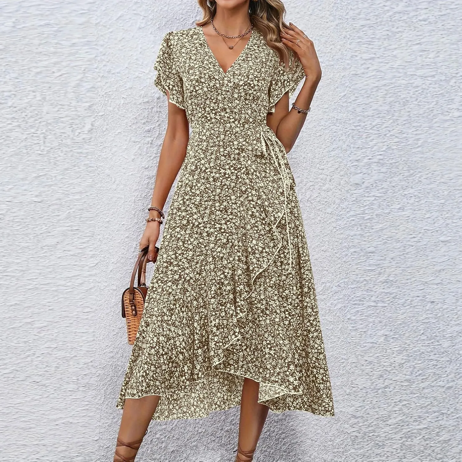 Floral Wrap Dresses for Women 2025 Elegant Classy Summer Sexy Flowy Deep V Neck Tie Waist Midi Dress Ruffle Hem