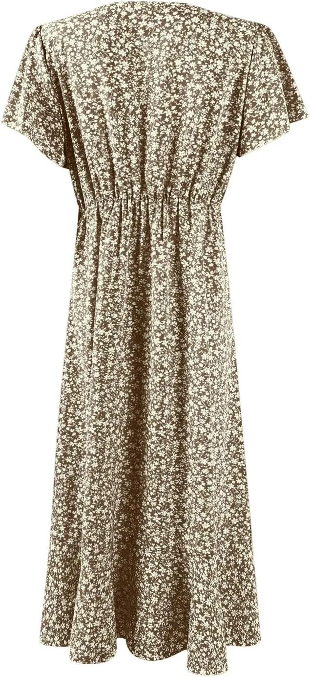 Floral Wrap Dresses for Women 2025 Elegant Classy Summer Sexy Flowy Deep V Neck Tie Waist Midi Dress Ruffle Hem