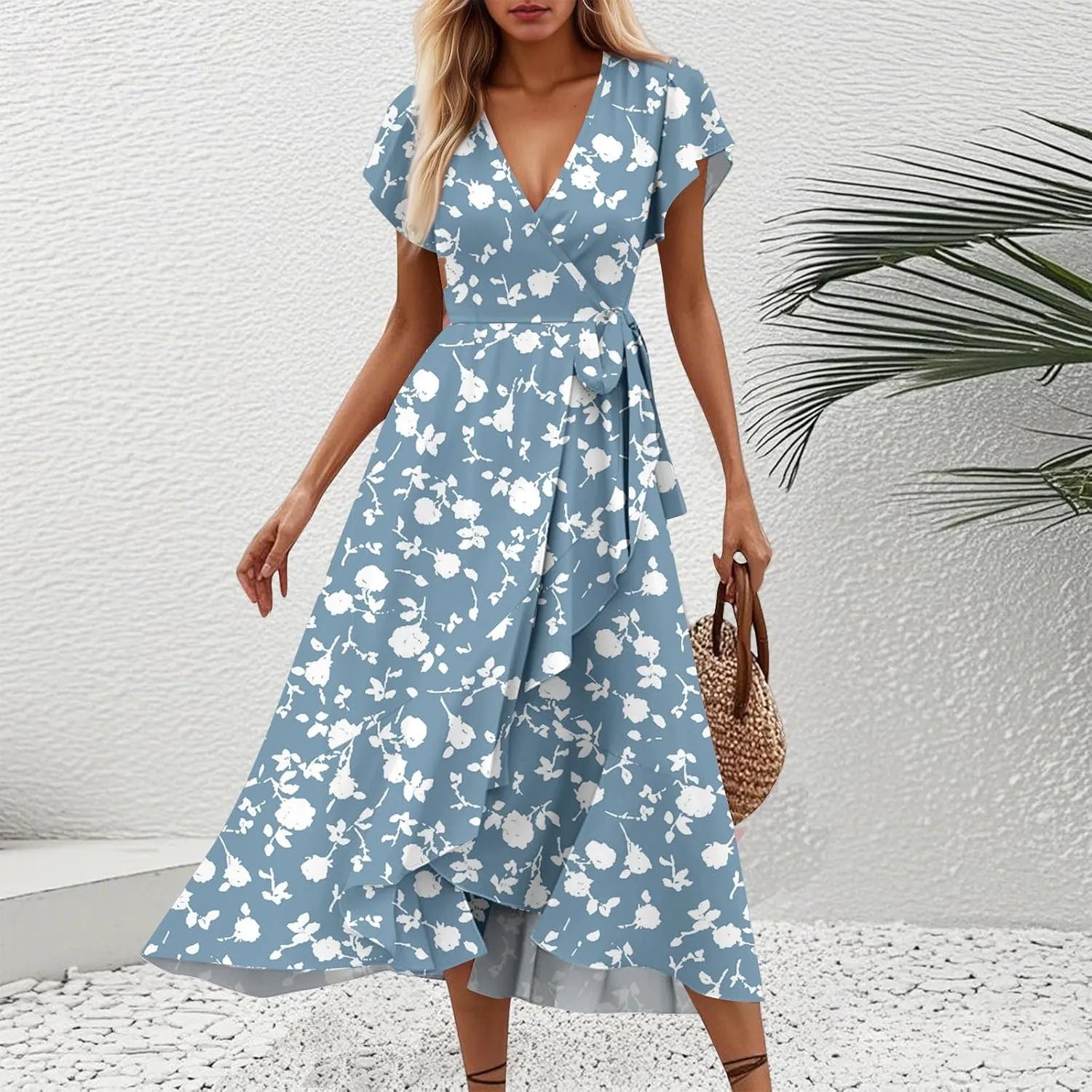 Floral Wrap Dresses for Women 2025 Elegant Classy Summer Sexy Flowy Deep V Neck Tie Waist Midi Dress Ruffle Hem