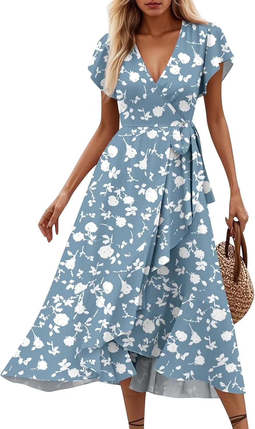 Floral Wrap Dresses for Women 2025 Elegant Classy Summer Sexy Flowy Deep V Neck Tie Waist Midi Dress Ruffle Hem
