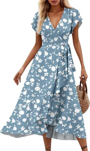 Floral Wrap Dresses for Women 2025 Elegant Classy Summer Sexy Flowy Deep V Neck Tie Waist Midi Dress Ruffle Hem