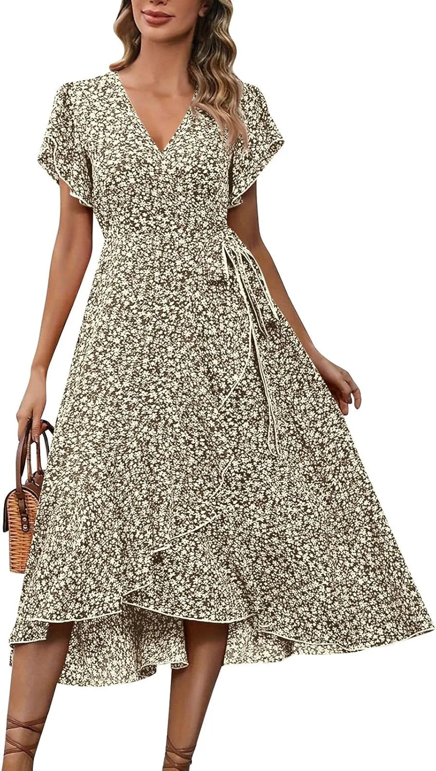 Floral Wrap Dresses for Women 2025 Elegant Classy Summer Sexy Flowy Deep V Neck Tie Waist Midi Dress Ruffle Hem
