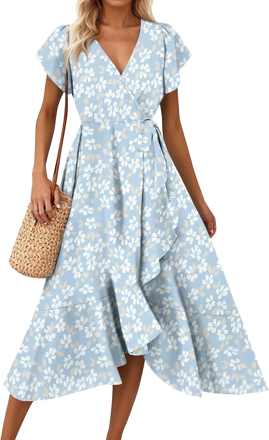 Floral Wrap Dresses for Women 2025 Elegant Classy Summer Sexy Flowy Deep V Neck Tie Waist Midi Dress Ruffle Hem