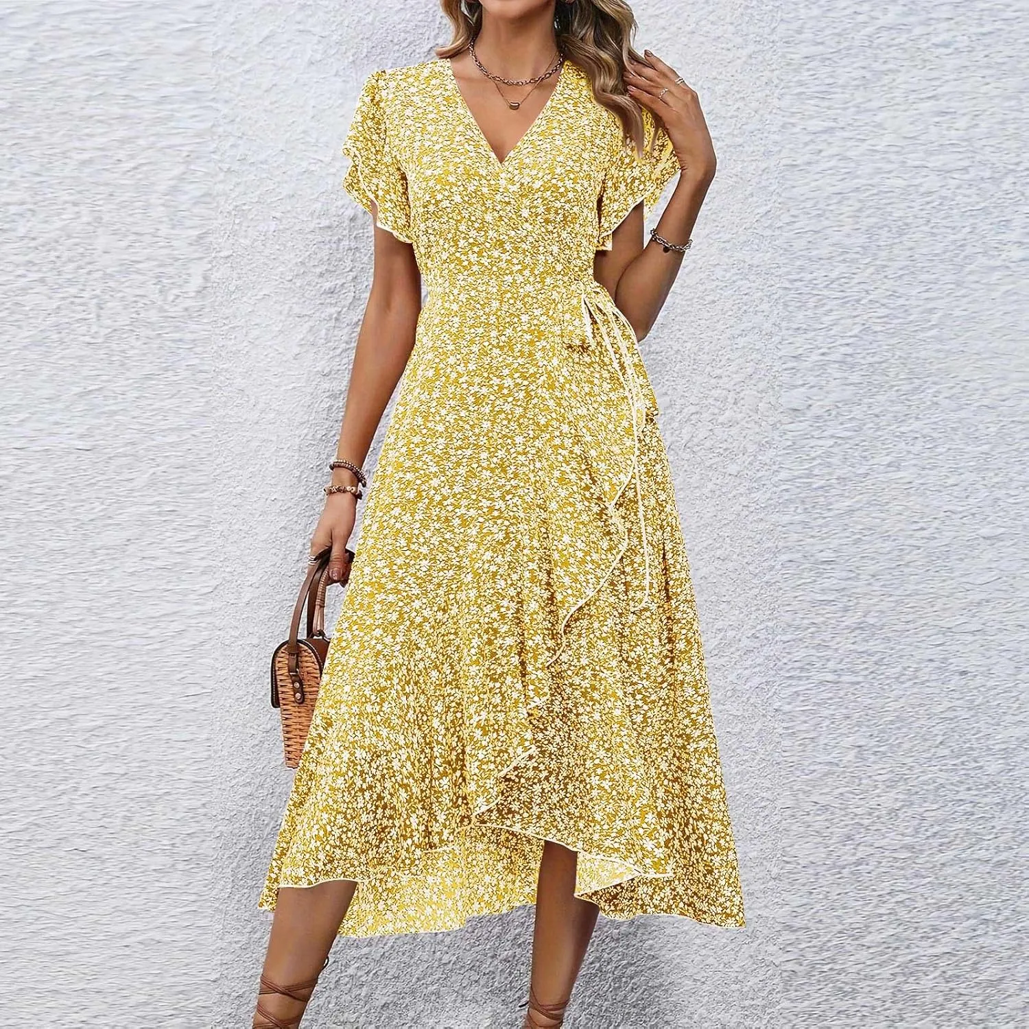 Floral Wrap Dresses for Women 2025 Elegant Classy Summer Sexy Flowy Deep V Neck Tie Waist Midi Dress Ruffle Hem