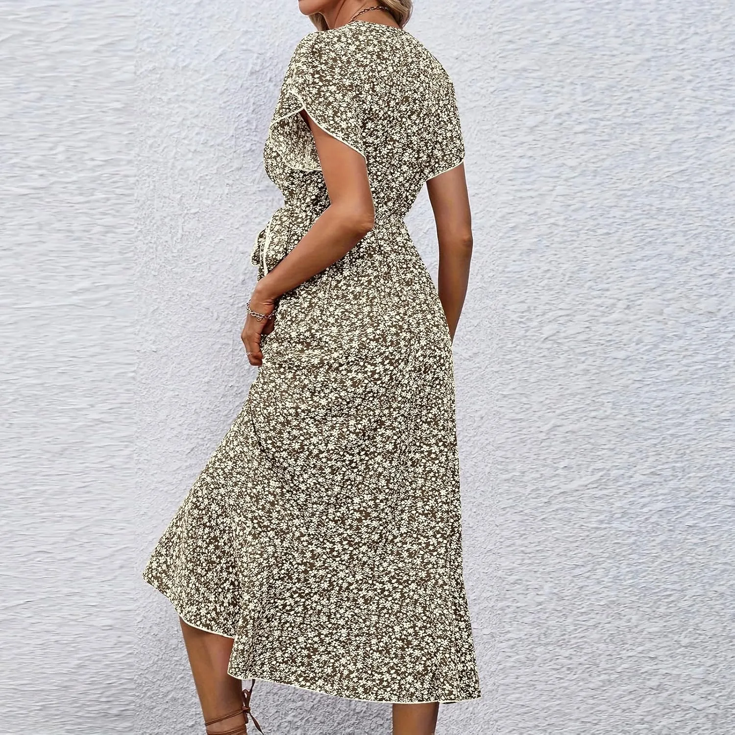 Floral Wrap Dresses for Women 2025 Elegant Classy Summer Sexy Flowy Deep V Neck Tie Waist Midi Dress Ruffle Hem