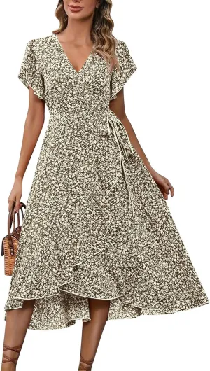 Floral Wrap Dresses for Women 2025 Elegant Classy Summer Sexy Flowy Deep V Neck Tie Waist Midi Dress Ruffle Hem