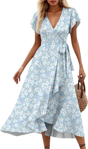 Floral Wrap Dresses for Women 2025 Elegant Classy Summer Sexy Flowy Deep V Neck Tie Waist Midi Dress Ruffle Hem