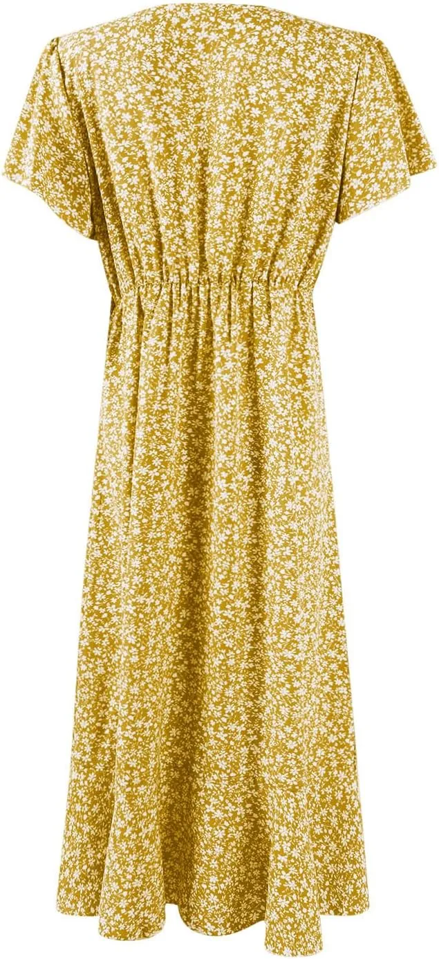 Floral Wrap Dresses for Women 2025 Elegant Classy Summer Sexy Flowy Deep V Neck Tie Waist Midi Dress Ruffle Hem