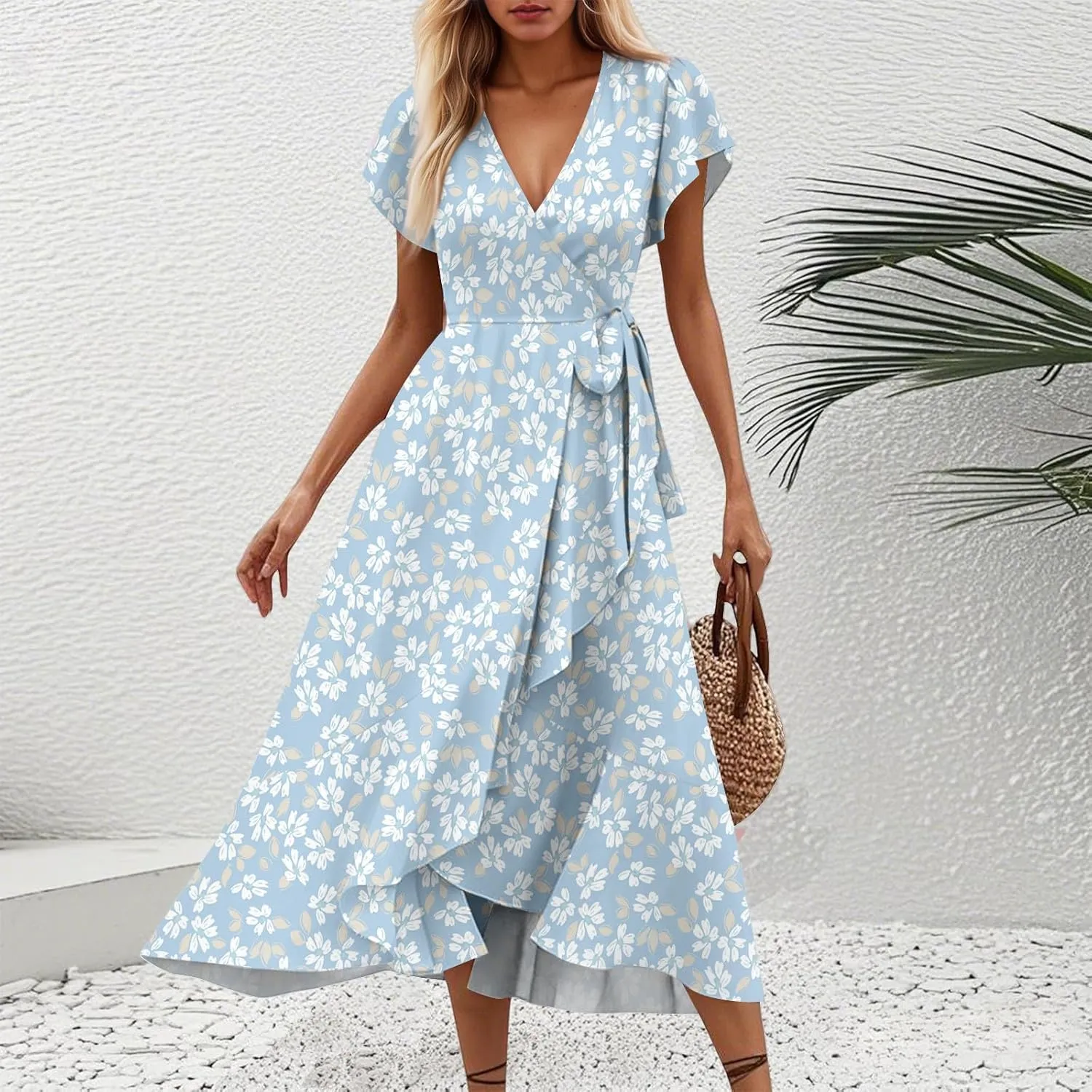Floral Wrap Dresses for Women 2025 Elegant Classy Summer Sexy Flowy Deep V Neck Tie Waist Midi Dress Ruffle Hem
