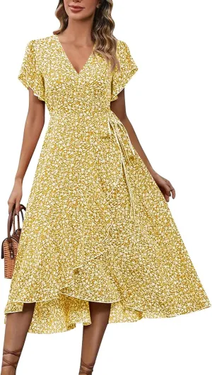 Floral Wrap Dresses for Women 2025 Elegant Classy Summer Sexy Flowy Deep V Neck Tie Waist Midi Dress Ruffle Hem