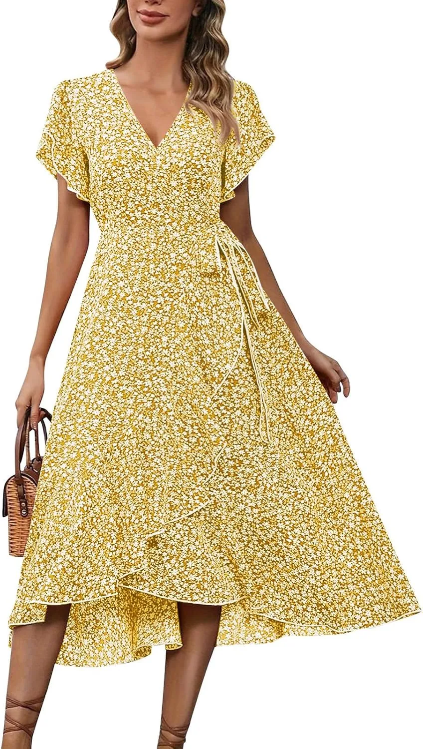 Floral Wrap Dresses for Women 2025 Elegant Classy Summer Sexy Flowy Deep V Neck Tie Waist Midi Dress Ruffle Hem