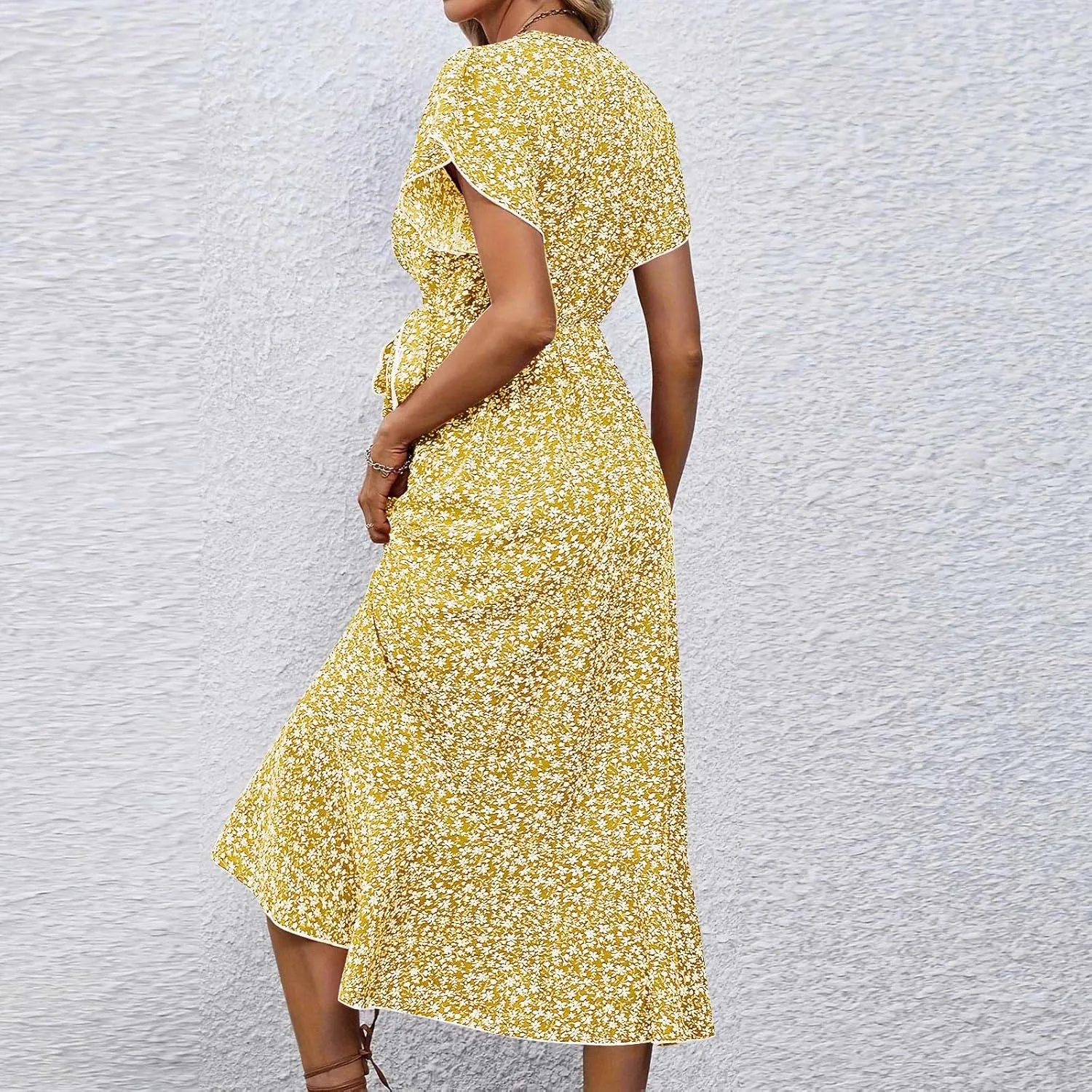 Floral Wrap Dresses for Women 2025 Elegant Classy Summer Sexy Flowy Deep V Neck Tie Waist Midi Dress Ruffle Hem