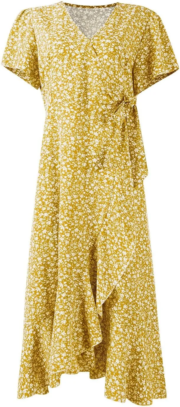 Floral Wrap Dresses for Women 2025 Elegant Classy Summer Sexy Flowy Deep V Neck Tie Waist Midi Dress Ruffle Hem