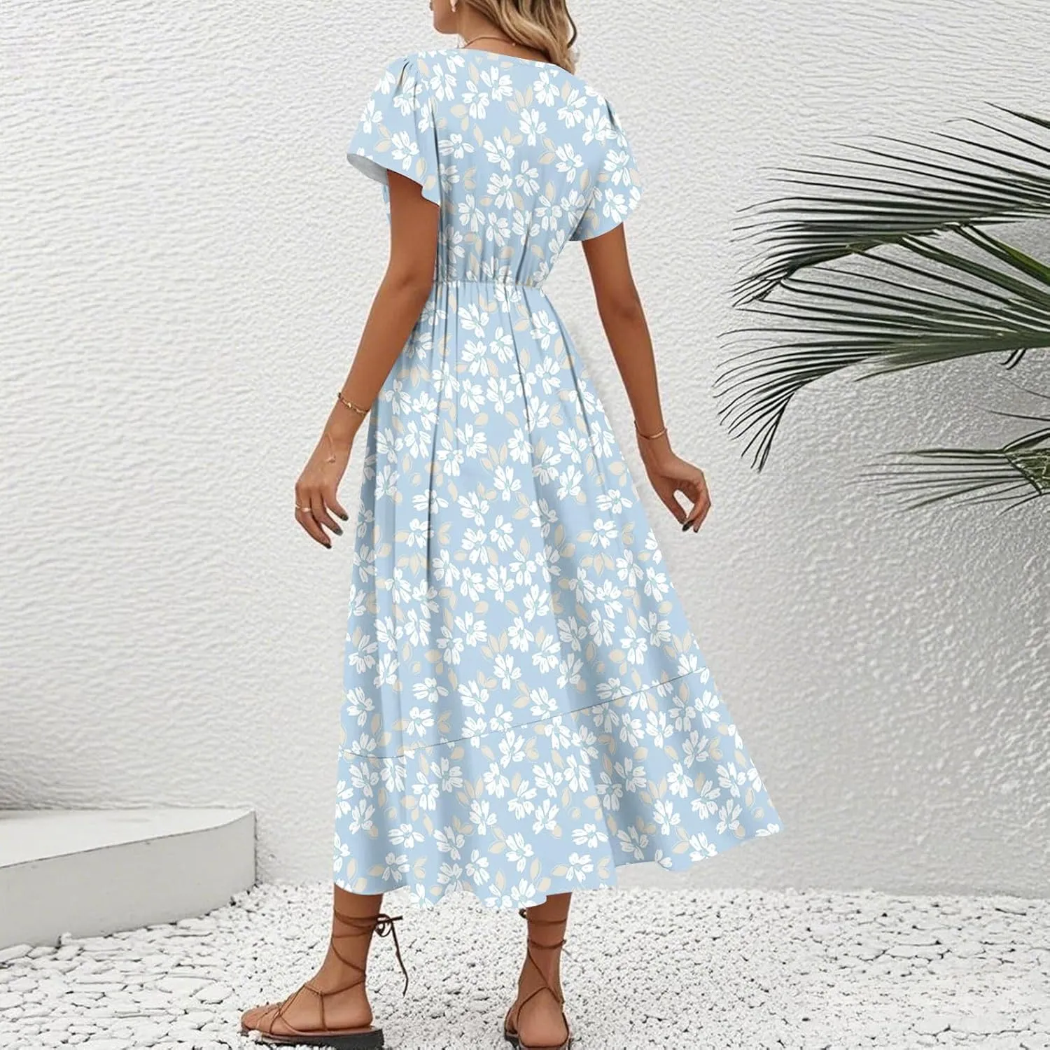 Floral Wrap Dresses for Women 2025 Elegant Classy Summer Sexy Flowy Deep V Neck Tie Waist Midi Dress Ruffle Hem