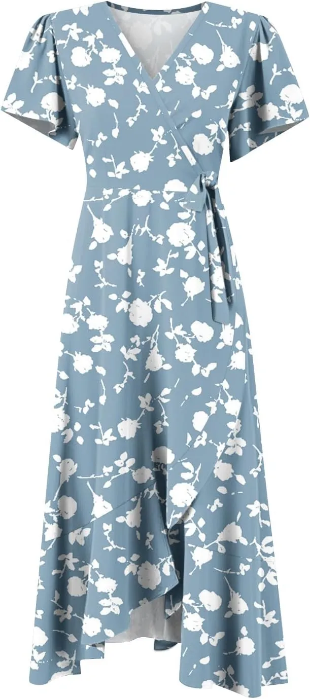 Floral Wrap Dresses for Women 2025 Elegant Classy Summer Sexy Flowy Deep V Neck Tie Waist Midi Dress Ruffle Hem