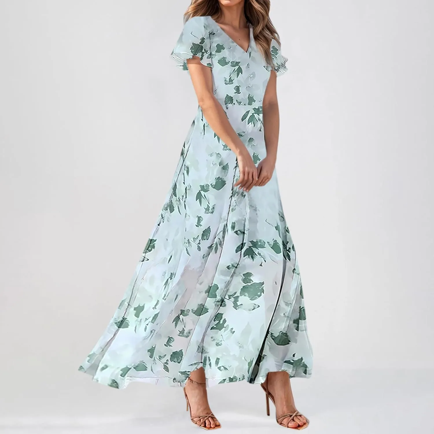 Flowy Maxi Dresses for Women Summer High Waist Dresses Chiffon Flutter Sleeve Plus Size Casual Floral Dress