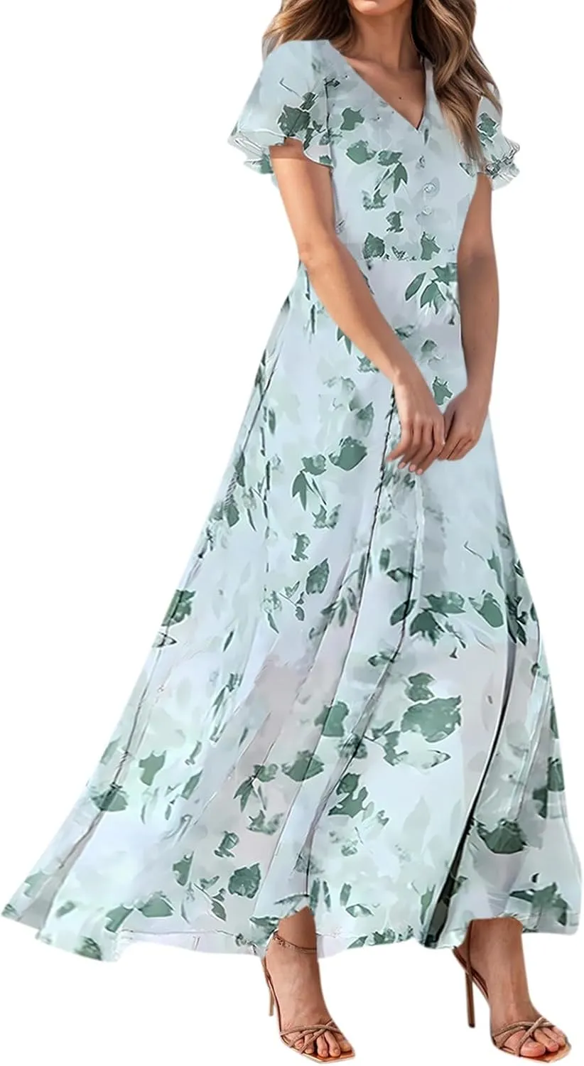 Flowy Maxi Dresses for Women Summer High Waist Dresses Chiffon Flutter Sleeve Plus Size Casual Floral Dress