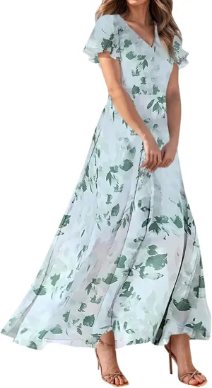 Flowy Maxi Dresses for Women Summer High Waist Dresses Chiffon Flutter Sleeve Plus Size Casual Floral Dress